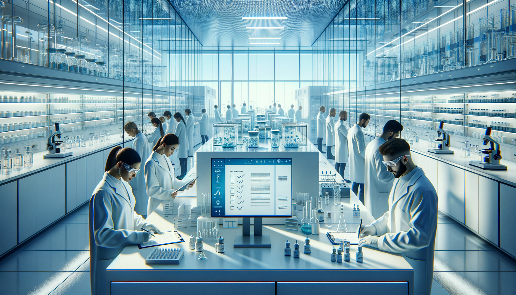 Image for FDA-compliant lab scientists reviewing inspection checklist